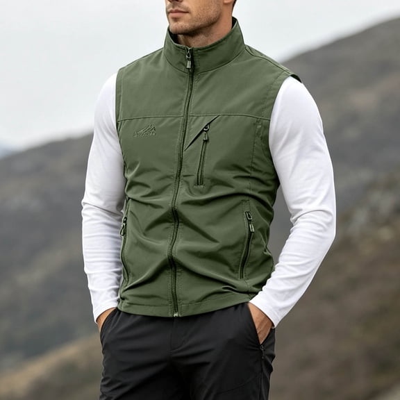 LEKWK Men'S Softshell Vest Full Zip Stand Collar Sleeveless Jacket with Zipper Pockets Windproof Water Resistant Casual Outdoor Outerwear Gilet for Hiking Fishing Golf Running Travel Army Green M