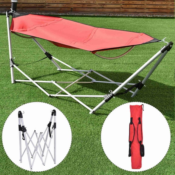 Costway Portable Folding Hammock Lounge Camping Bed Steel Frame W/ Carry Bag Red