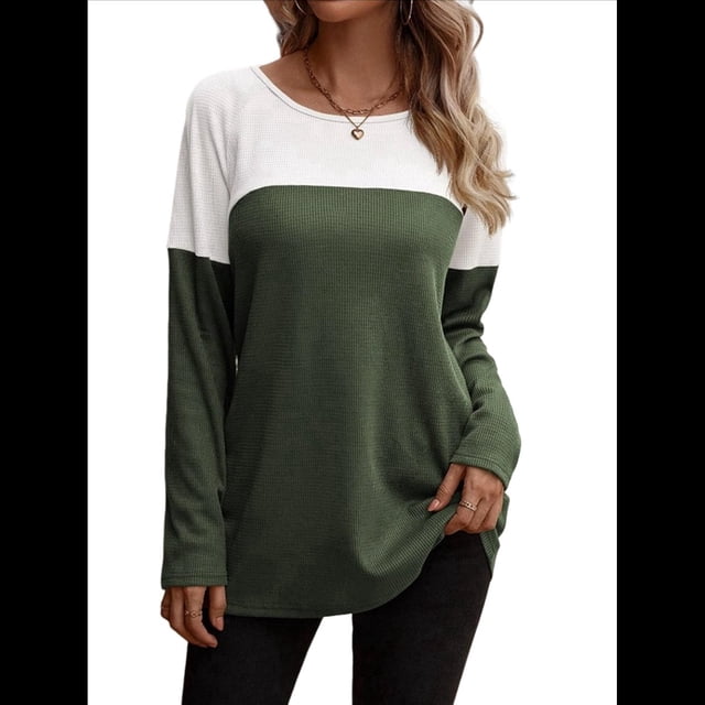 Camisetas de Punto Gofre para Mujer, Camisetas de Larga con Bloques de Color y Detalle de Botones, Túnicas Verde Oliva M