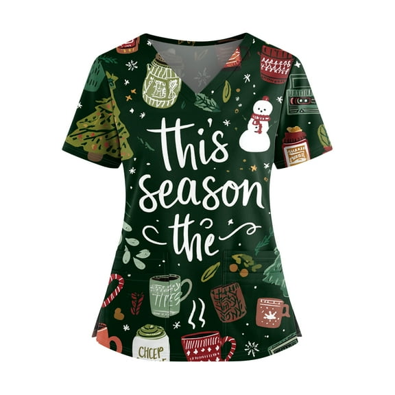 STICHOU Womens Christmas Scrub Tops Plus Size Holiday Letters Graphic V-Neck Happy Short Sleeve Medical Uniform with 2 Pockets Dark Green 3XL