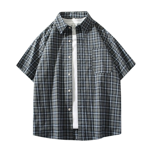 Birdeem Mens Casual Personality Checkered Printing Button Lapel Fashion Short Sleeve Cardigan Shirt.