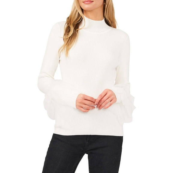 Vince Camuto White Tulle & Ruffle Mock Neck Sweater