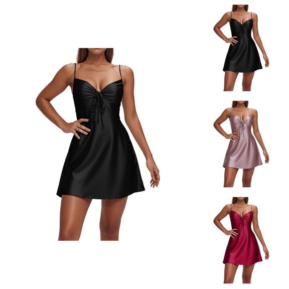 Nightgowns for Women Summer Satin Sleeveless Spaghetti Strap Sweetheart Neck Backless Padded Cami Sleep Dress Sleepwear