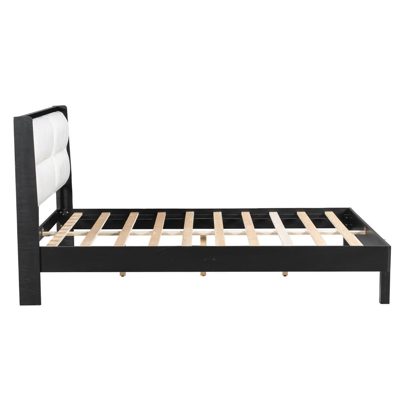 Wooden Queen Size Platform Bed with Velvet Upholstered Headboard, Low-Profile Bed Frame with Slat Support No Box Spring Needed