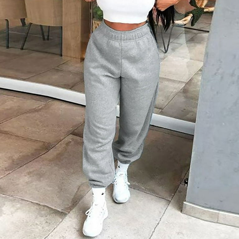 CAICJ98 Womens Sweatpants Women's High Shirred Waisted Wide Leg Long Pants  Frill Trim Loose Fit Casual Trousers Grey,M 
