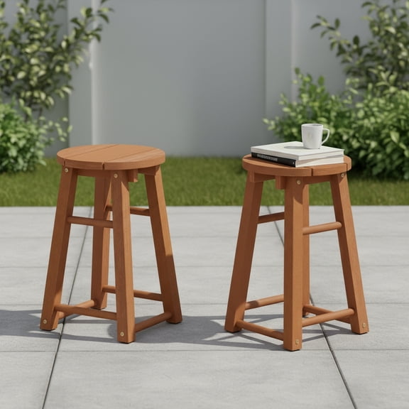 Furinno TIOMAN Outdoor Wooden Barstools, Set of 2, 18-Inch High Bar Stool in Teak Oil, for Patio, Garden, Porch, Light Wood