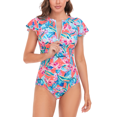 thumbnail image 1 of BIMEI Women One-Piece Rash Guard Zip Front Mastectomy Swimsuit Short Sleeve Pocketed Swimwear Tummy Control Zipper Sport Bathing Surfing Athletic Printed 016,Red,M, 1 of 1