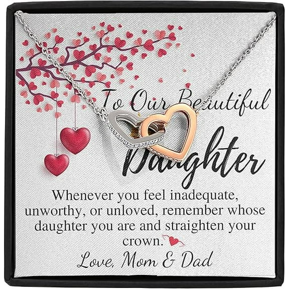 Gift For Daughter From Mom and Dad Interlocking Heart Necklace With Message Card To Our Young Teen Daughter Christmas Gift, Graduation, Birthday, Wedding Stainless Steel with Zircon Stones