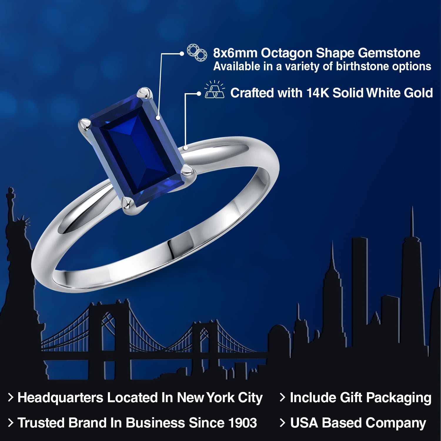 Gem Stone King 14K White Gold Blue Created Sapphire Solitaire Engagement Ring for Women | 1.50 Cttw | Octagon 8X6MM | Gemstone September Birthstone | Size 7