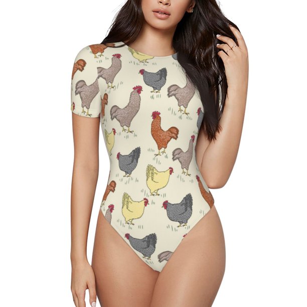 Fotbe Funny Chicken Body de Mujer con Cuello Redondo y Mangas Cortas, Sin Mangas Ajustado, Suave, Cómodo y Básico-XX-Large