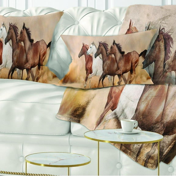 Designart Herd Gallops in Sand Storm - Landscape Photography Throw Pillow - 12x20