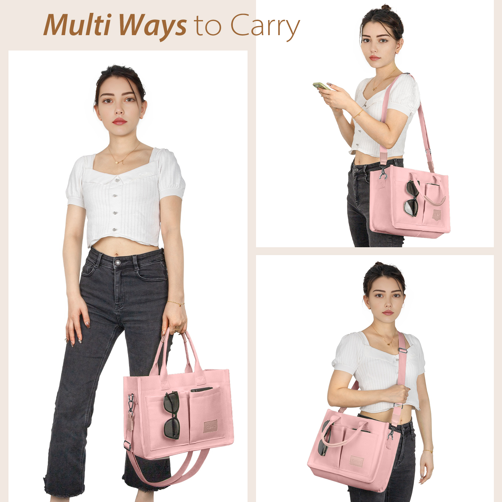 Cshidworld Canvas Tote Bag with Pockets, Pink photo 5