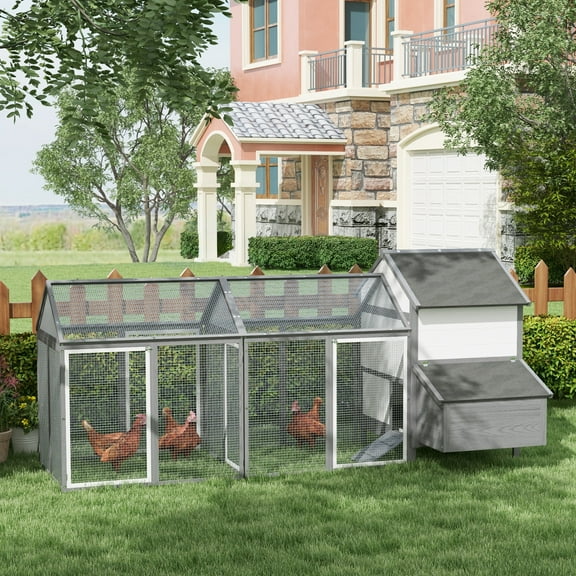 PawHut 97" Chicken Coop Poultry Cage with Double Run, Nesting Box, Gray