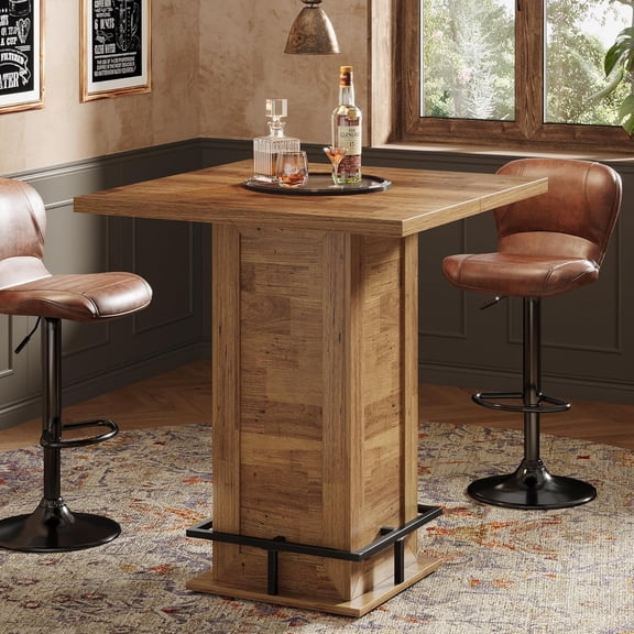 Finmind 39.4" Square Bar Table, Industrial High Top Bistro Pub Table with Metal Footrest for Kitchen, Home Bar, Small Spaces