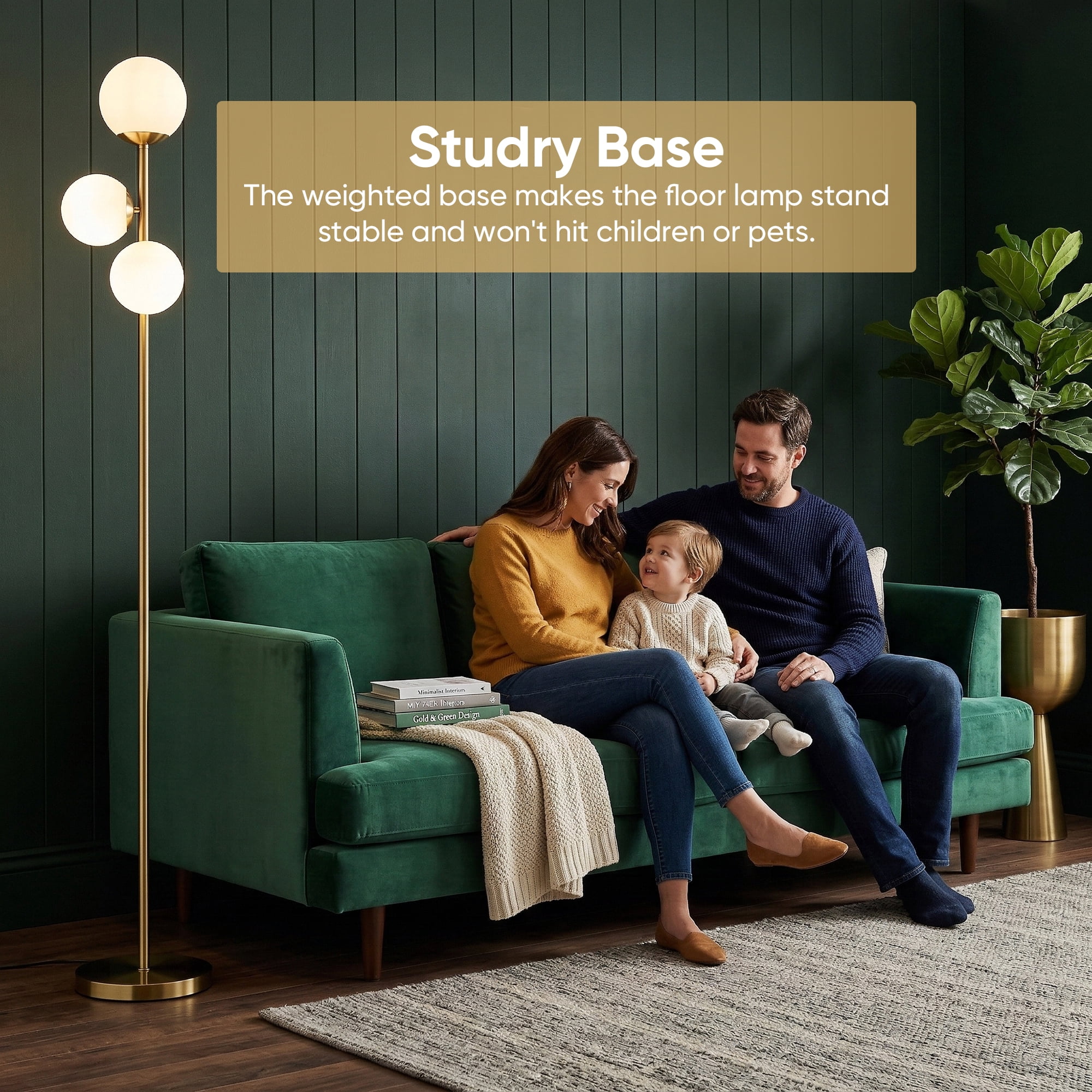 65.7in Gold 3-Light Globe Floor Lamp Modern Standing Tree Lamp with Frosted Glass Shades & Foot Switch for Living Room Bedroom