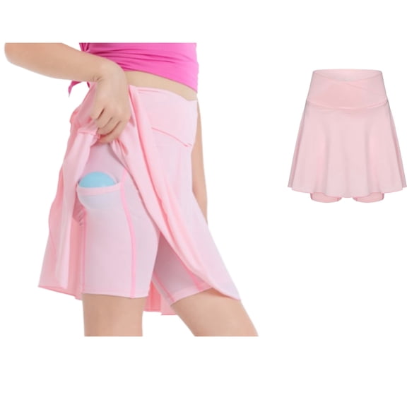 Girls Athletic Tennis Golf Skirts with Shorts Kids High Waist Ruffle A-line Skorts with Pockets Pink Uniform Skirts 6-7 Years