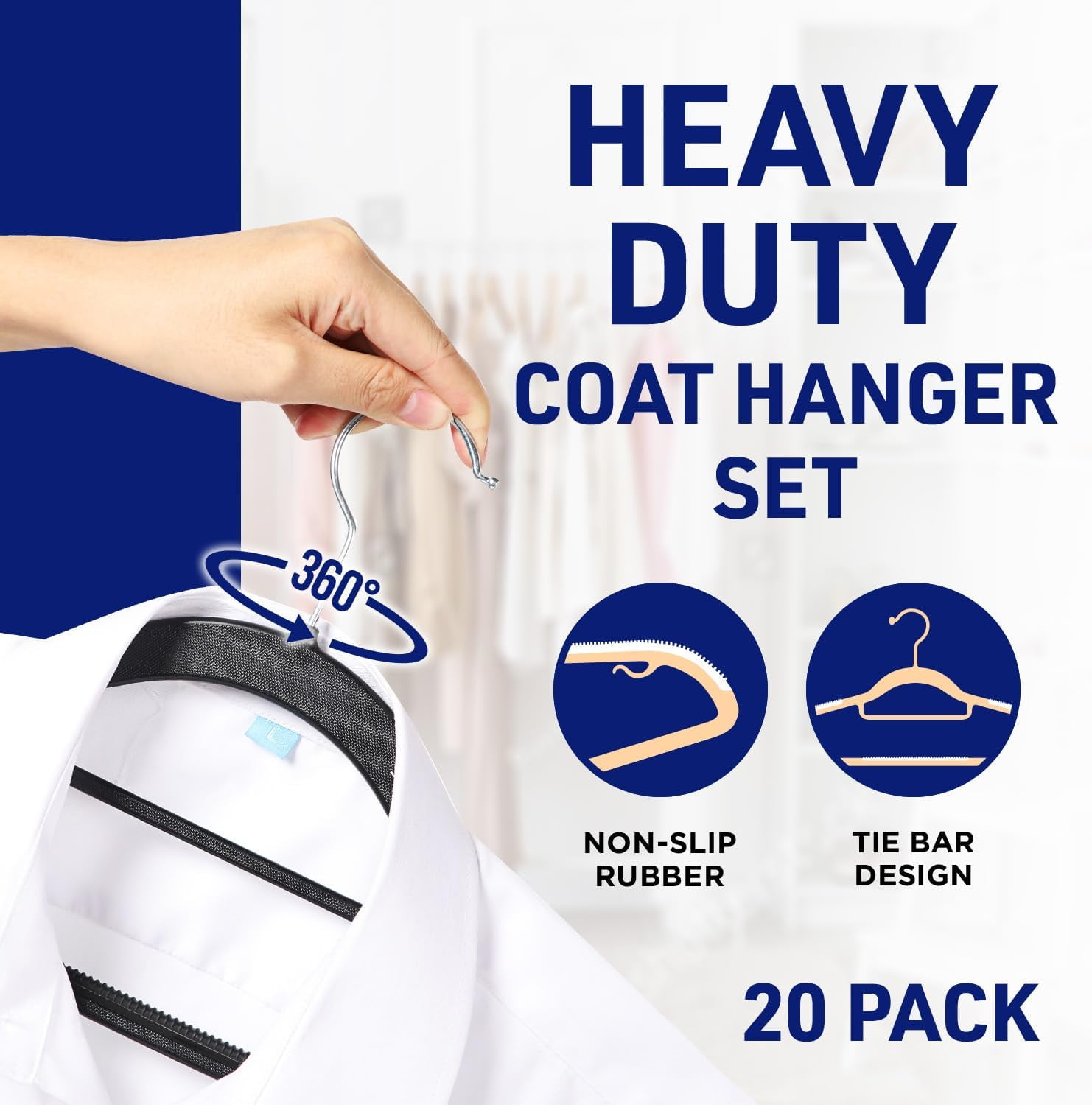Lifemaster 20 Pcs. Dry Wet Clothes Hangers - Heavy Duty Coat Hanger Set with 360° Swivel Hook, Non-Slip, Space-Saving, Sleek Design - Accessory Tie Bar, Smart Strap Hooks, Non-Slip Pants Bar (Black)