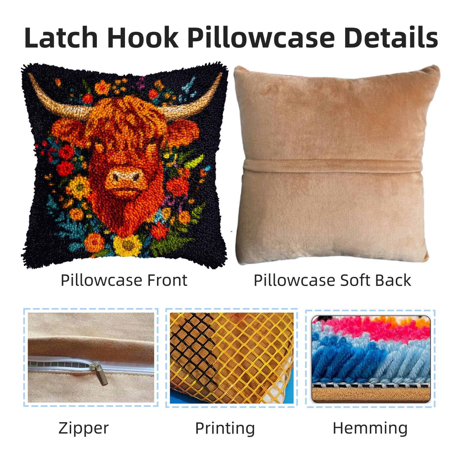Cartoon Highland Cow in Daisy DIY Latch Hook Pillow Kits for Adults Printed Pillowcase Crochet Yarns Hooking Handmade Pillow Cover Cushion for Home Sofa Decoration 17x17inch