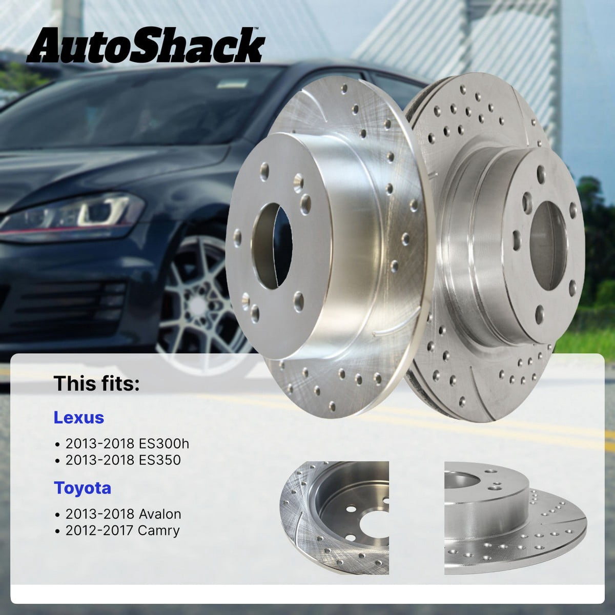 AutoShack Rear Brake Rotors for Toyota & Lexus, Camry 2012-2017 ES350 2013-2018, FWD L4 2.5L V6 3.5L - Silver Zinc Coated Drilled & Slotted - SilverShield Pro - 11.06" (281 mm), 5-Lug