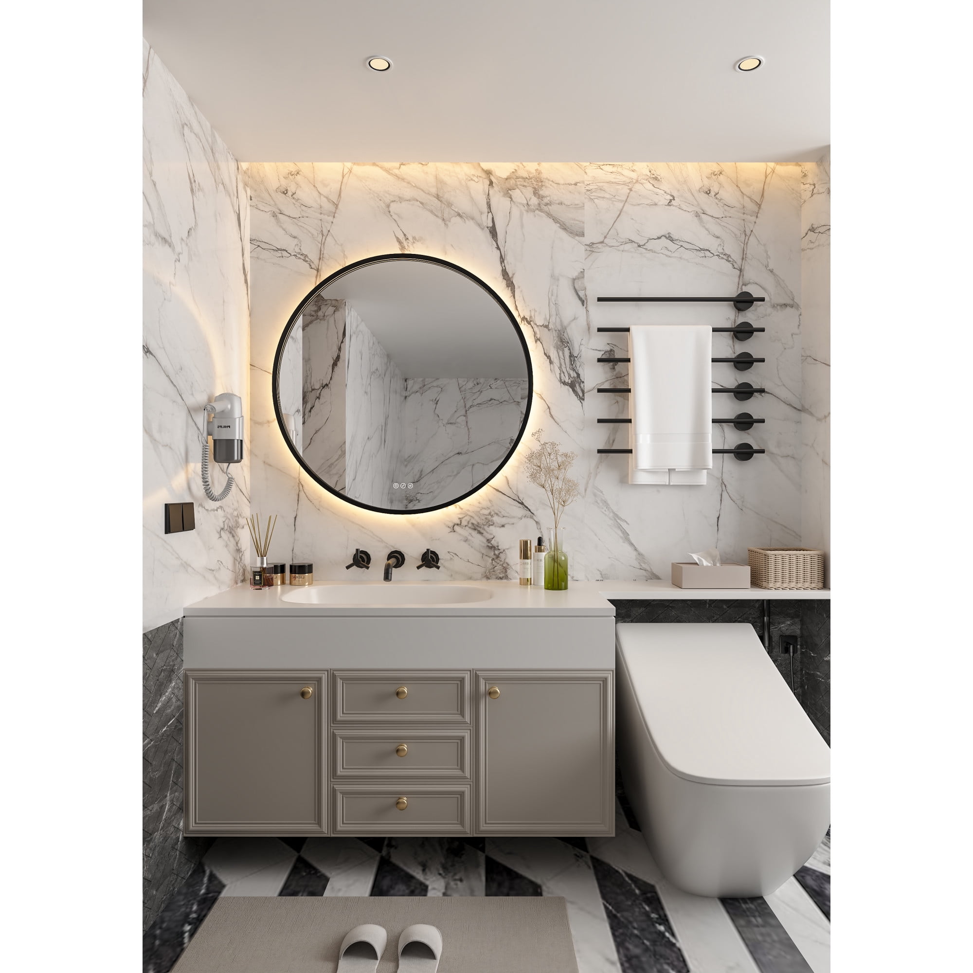 Kingston Brass MR1013636 Aurora 36-Inch Round LED Bathroom Mirror, Front and Back Light, Dimmable Touch Sensor Lighted Mirror in Silver/Gunmetal