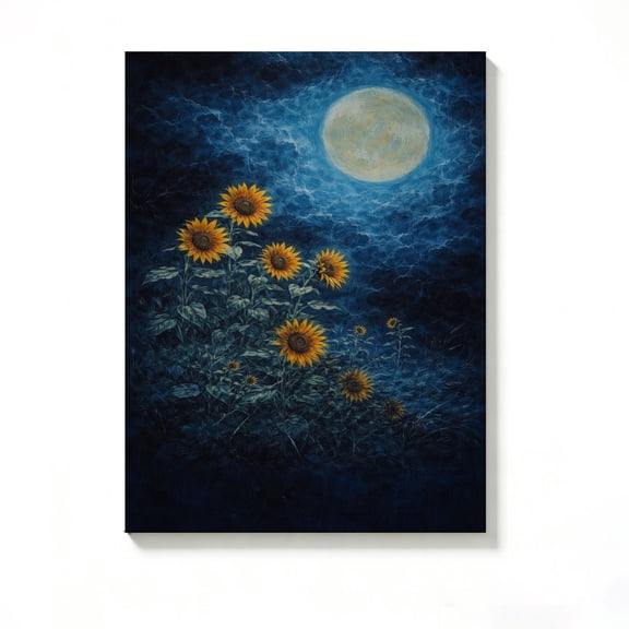 FLASHLUMI 8x12 Inch Moonlit Sunflower Field Oil Painting Canvas Wall Art, Mystical Floral Night Landscape Decor for Living Room Bedroom, No Frame