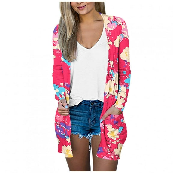 Uootdi Women's Abstract Floral Cardigan Open Front Long Sleeve Knitwear Casual Loose Fit Outerwear Lightweight Spring Fashion Hot Pink Women Top