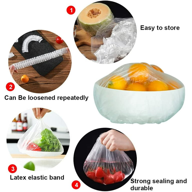 100 Pcs Reusable Plastic Food Covers with Elastic, PE Food Storage Covers Plate Wrap, Transparent Bowl Covers for Outside, Fresh Fruits Leftover and