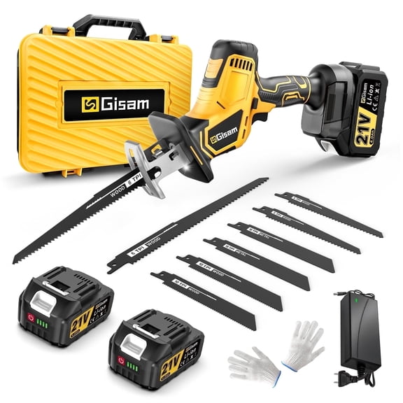 Gisam 21V Cordless Reciprocating Saw,3500SPM with 2 x 4.0Ah Batteries 8 Saw Blades Portable Sawzall for Wood, Metal, PVC Cutting，Yellow