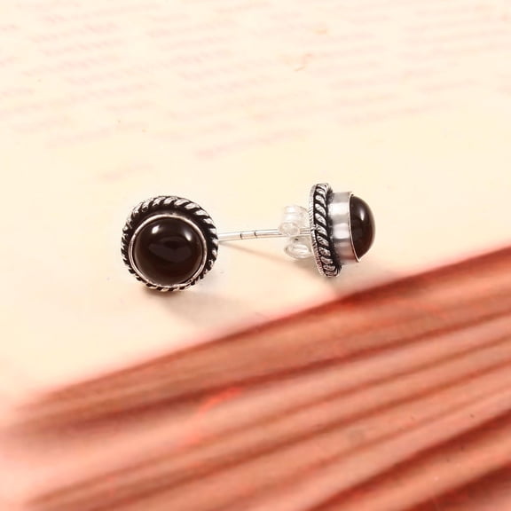 Black Onyx Stud Earrings – 925 Sterling Silver Natural Black Onyx Gemstone Studs for Women, Handmade Round Boho Minimalist Jewelry Gift