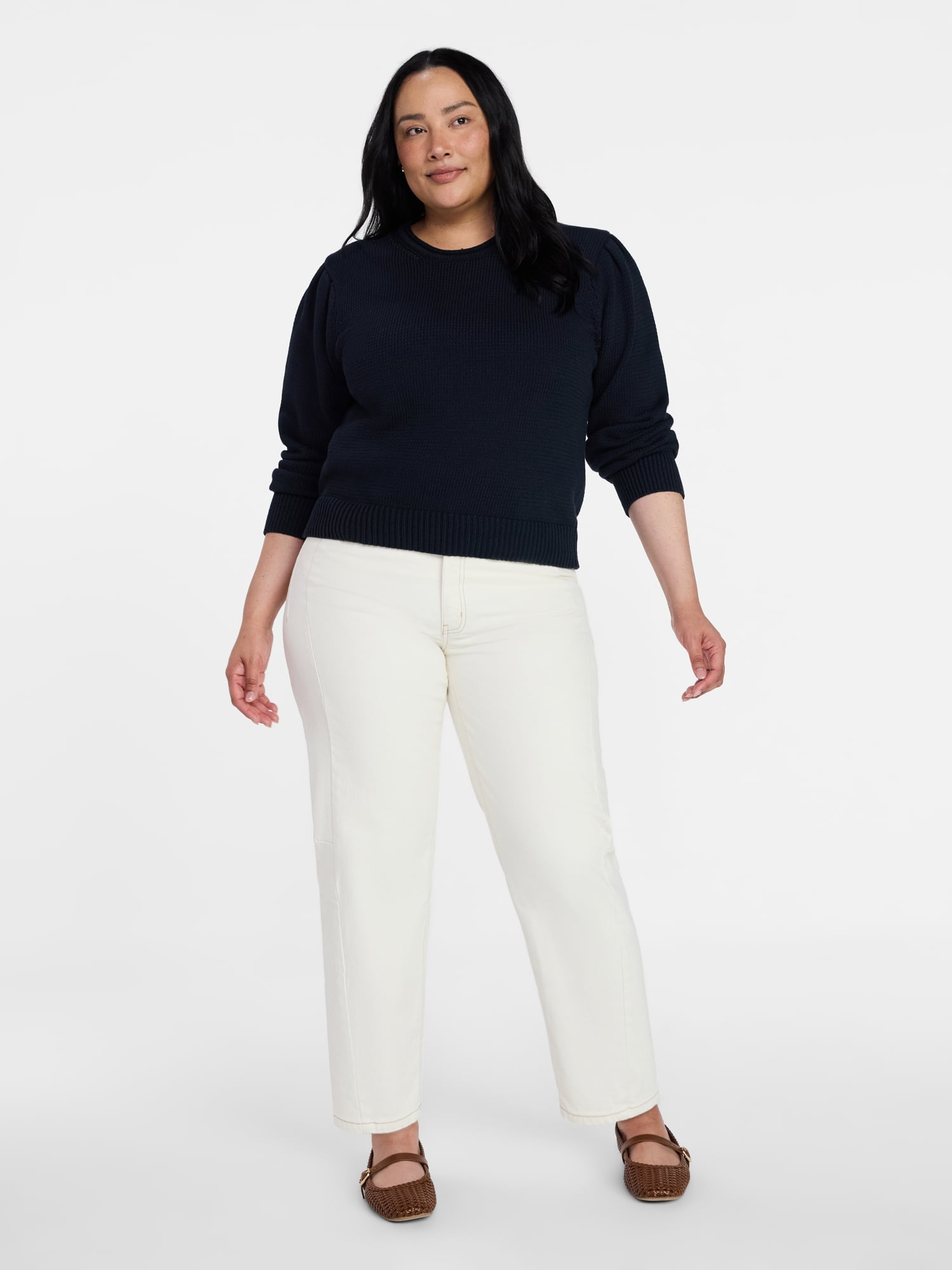 Time and Tru Women's Crewneck Sweater with Long Puff Sleeves, Lightweight, Sizes XS-XXXL
