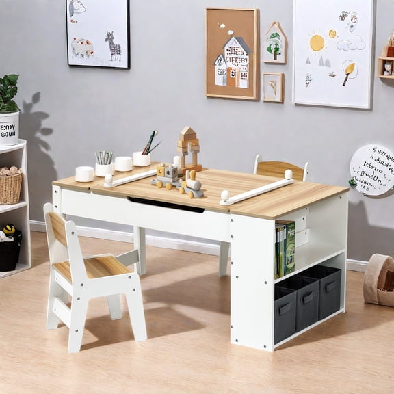 LuxenHome Activity Children Table with Storage Bookcase and 2 Chairs Set