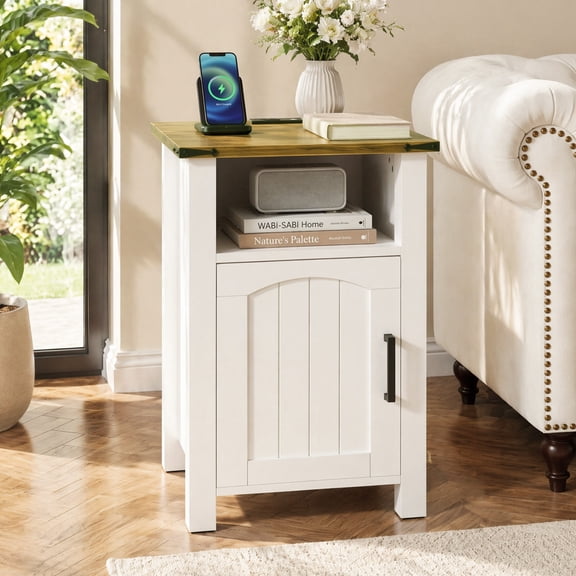 Easoger Farmhouse Nightstand with Charging Station, Modern End Tables with Drawer & Cabinet, USB & Type-C Ports, Wood Rustic Bedside Table for Bedroom, White   Walnut