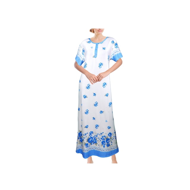 Chemin de Moda Women's Short Sleeve Button Front Rose Print Floor-length Nightgown