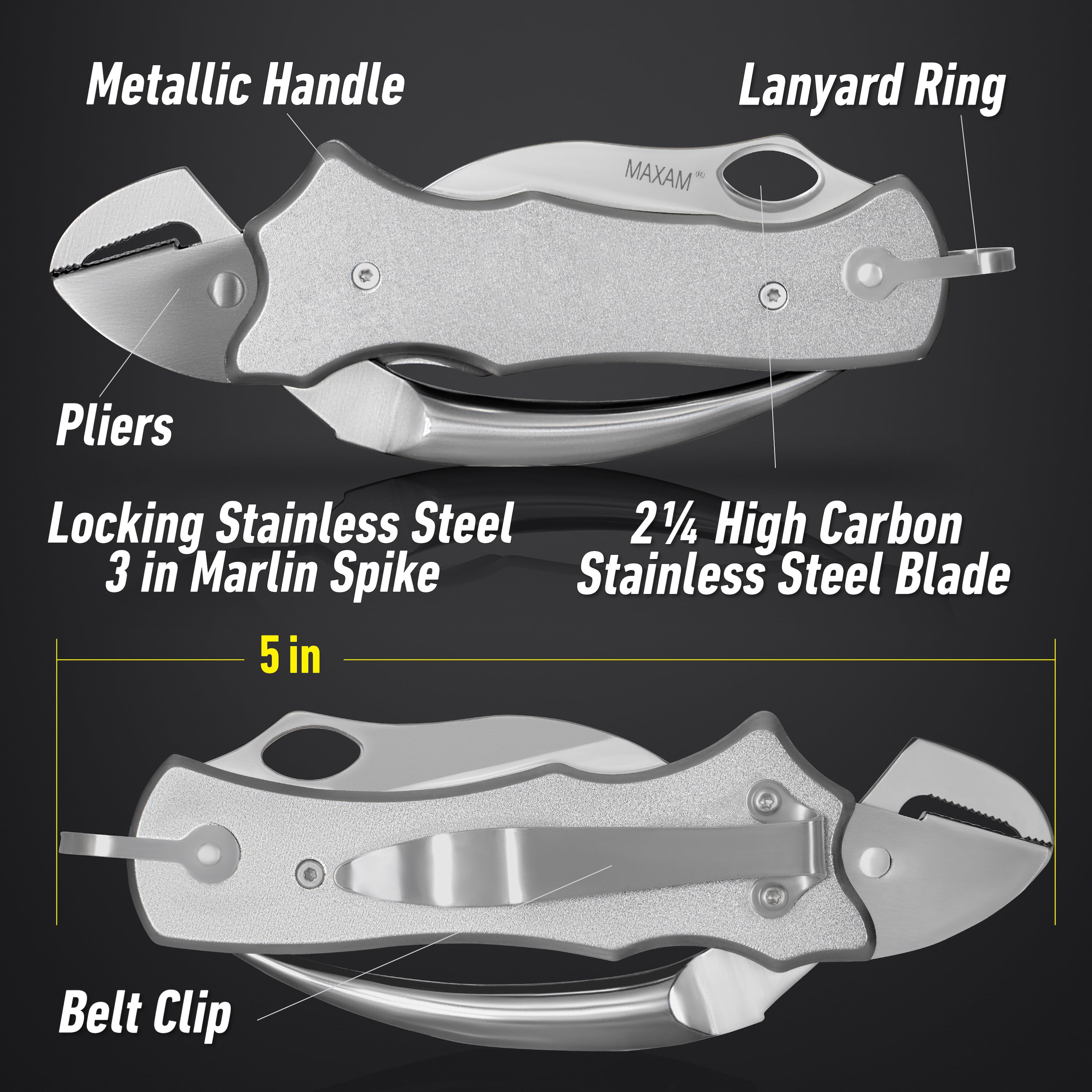 Maxam Sailor's Tool, a Powerful Multi-Use Sailor's Knife, Ideal for Boating,  Fishing, or Sailing, Silver 