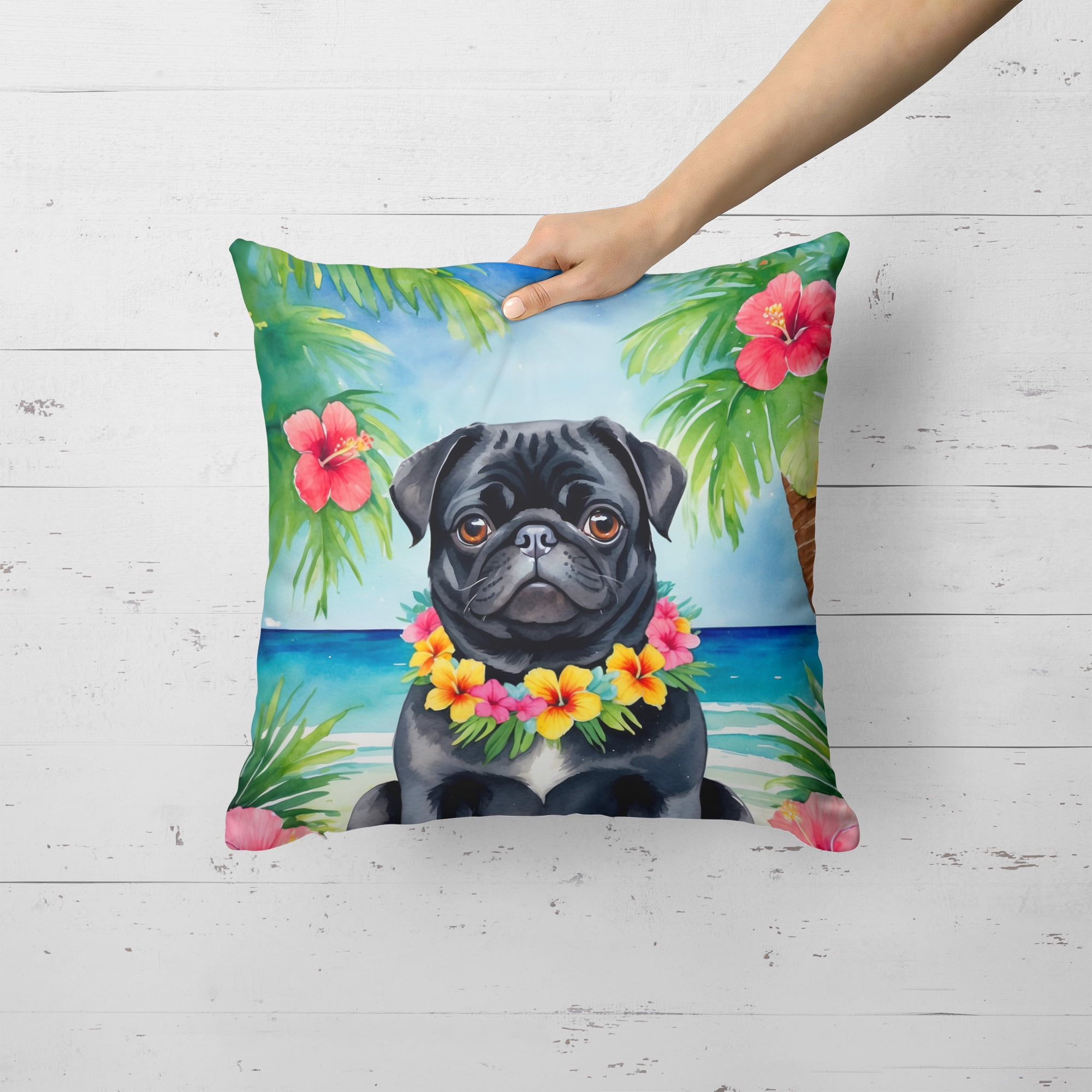 Black Pug Luau Throw Pillow 18 in x 18 in