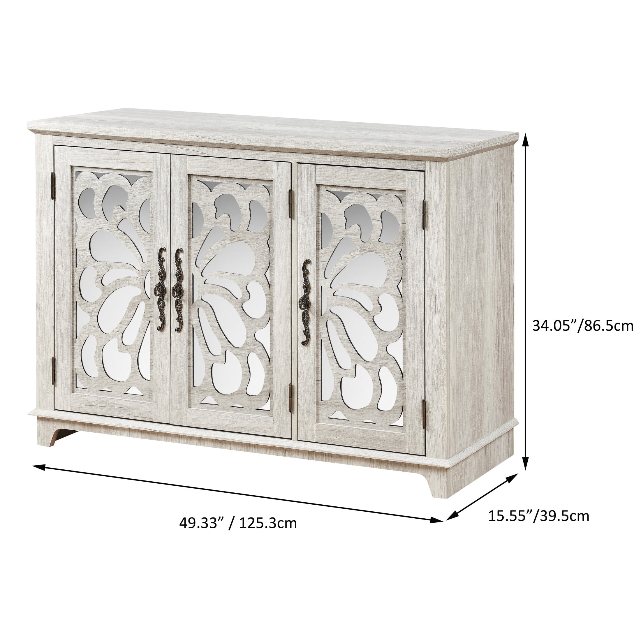 GDF Studio Danus 3-Door Acrylic Mirrored Sideboard Cabinet, Rustic Hollow-Carved Storage Cupboard for Kitchen, Light Gray