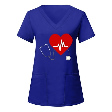 

Xutthjh Women Scrubs Tops Short Sleeve V-Neck Heart Printed Top Working Uniform Nurses Clothing Casual Workwear T-Shirts