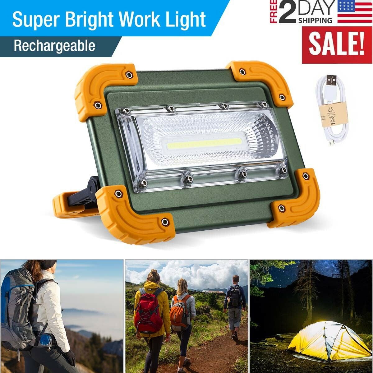USB Rechargeable Lamp COB LED Flood Work Light Hiking Outdoor IP53 For Workshop 