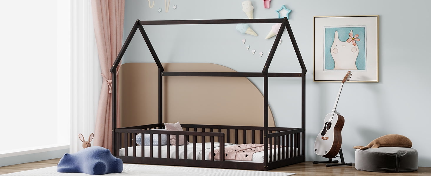 Twin House Floor Bed with Full Safety Fence, Solid Pine Montessori Kids Playhouse Bed Frame No Box Spring Needed Max 250 LBS for Toddler Nursery Bedroom