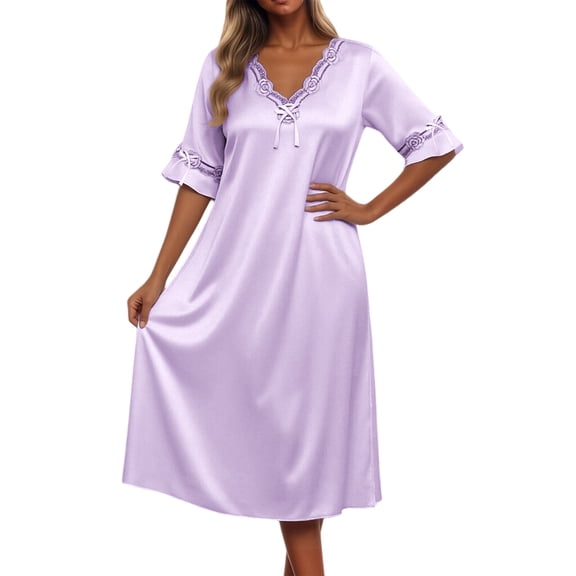 PMVFHDE Night Gowns for Women Solid Color Silk Short Sleeve Mid Length Loose Lace Sleeve Sleep Dress