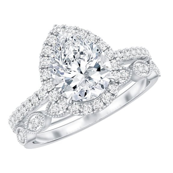 Rosec Jewels Cubic Zirconia Engagement Ring Sterling Silver Set - 925 Stamped - Teardrop Wedding Ring Set with Wedding Band, US 6.00