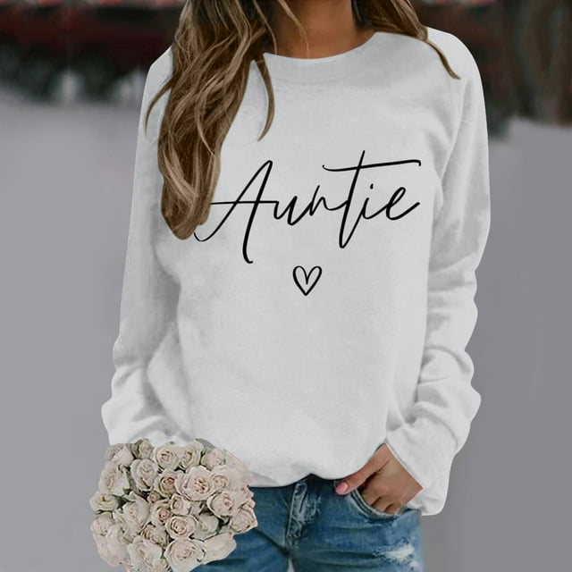 TINZ Chandail en Molleton à Manches Longues pour Femmes Col Rond Cœur Imprimé Lettre Tante Graphique Pulls Hauts Chandails en Molleton Femmes Chandail à Capuchon Demi-Hopies Vêtements Tendance Automne Femmes