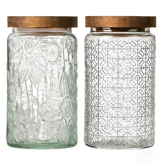 JOGGEIL 34 OZ 2 PCS Glass Storage Jar with Airtight Bamboo Wooden Lids,Vintage Food Containers Canisters Sets for Kitchen Counter Pantry, Sugar, Flour, Candy, Tea, Coffee Beans, Oats, Grain Bin,Pasta
