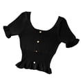 thumbnail image 4 of Camiseta de punto para mujer, manga corta, cuello cuadrado, corte ajustado, botón superior, negro Yuarrent AP001523-01B, 4 of 7