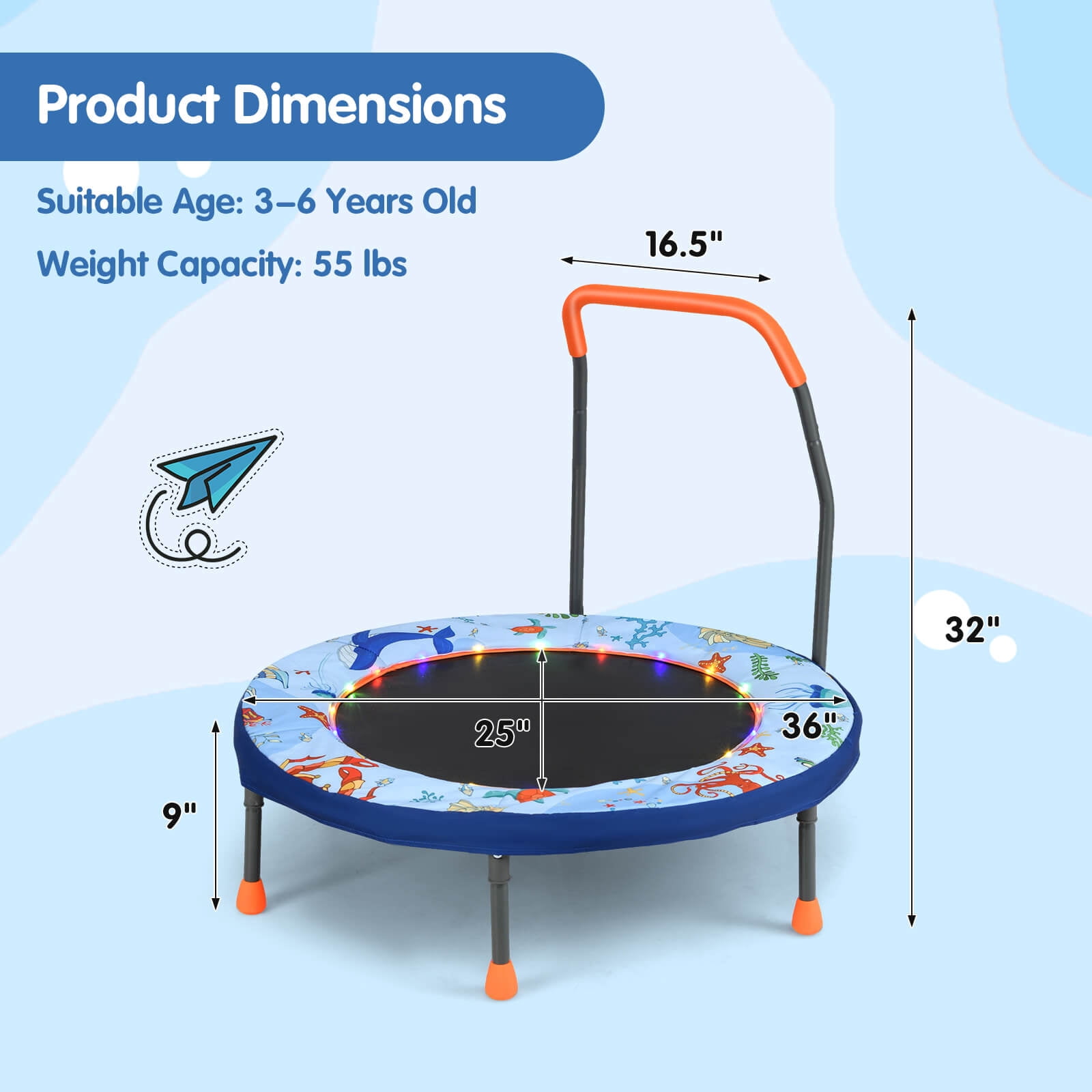 Infans 36" Foldable Kid Trampoline w/ 20 LED Lights Foam Handlebar Padded Safety Cover