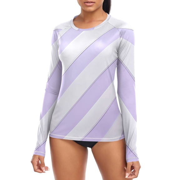 Lilac-white Diagonal Stripes Women's Rash Guard Shirts UPF 50 Sun Protection Clothing Long Sleeve Swim Suits XS