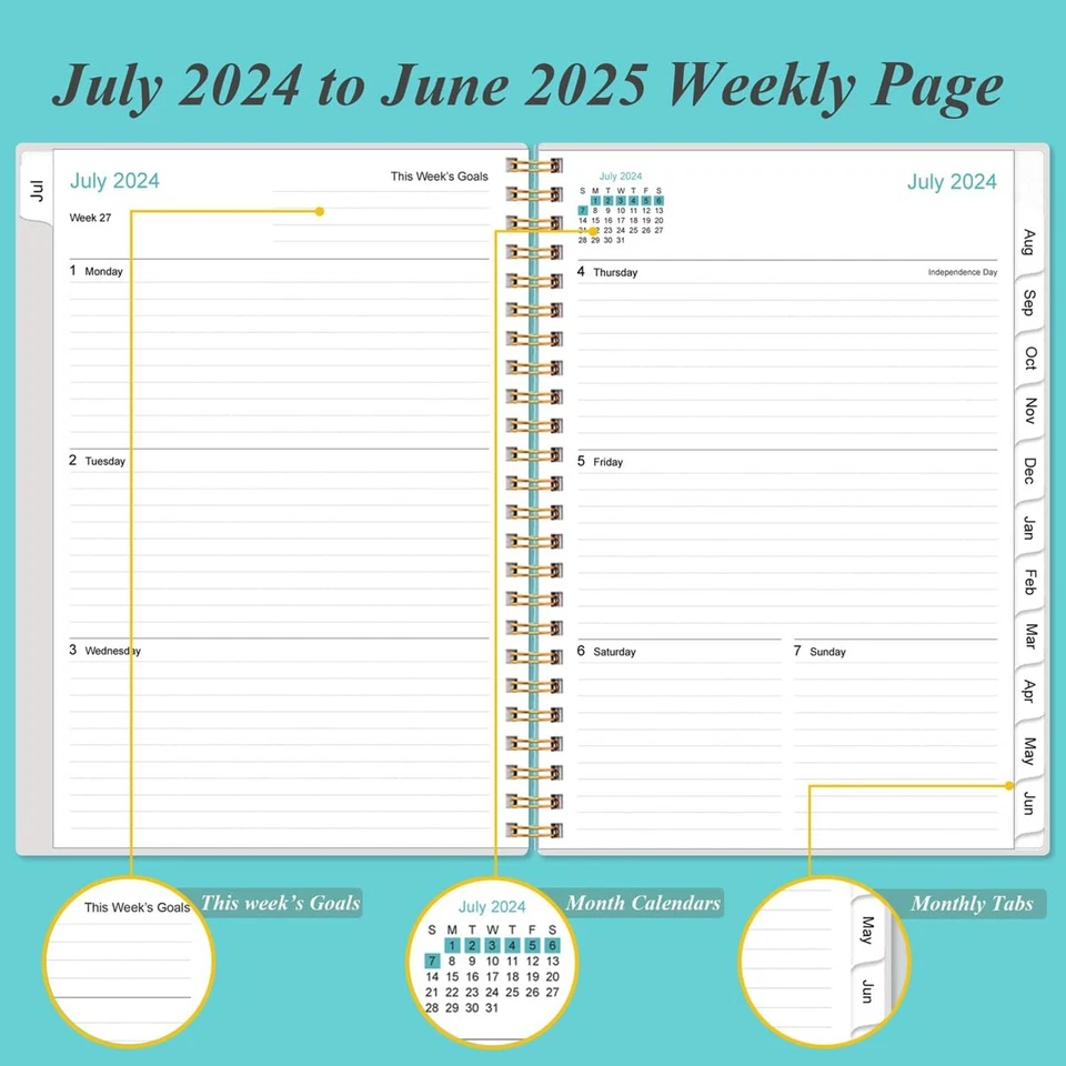 2024-2025 Planner - A5 Weekly & Monthly Planner & Journal To Track Goals, Jul...