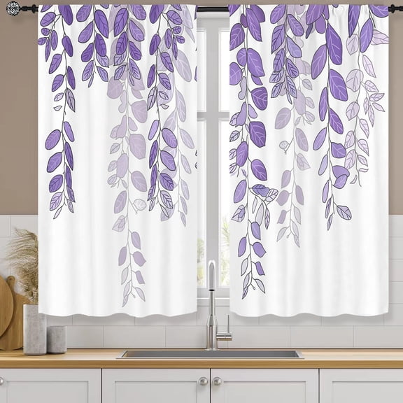 Purple Leaves Kitchen Curtains Rod Pocket Purple and White Lilac Leaf Eucalyptus Botanical Plant Small Short Tier Cafe Curtain Neutral Window Treatment Drapes Decor(27.5W X 39L Inch 2 Panels)