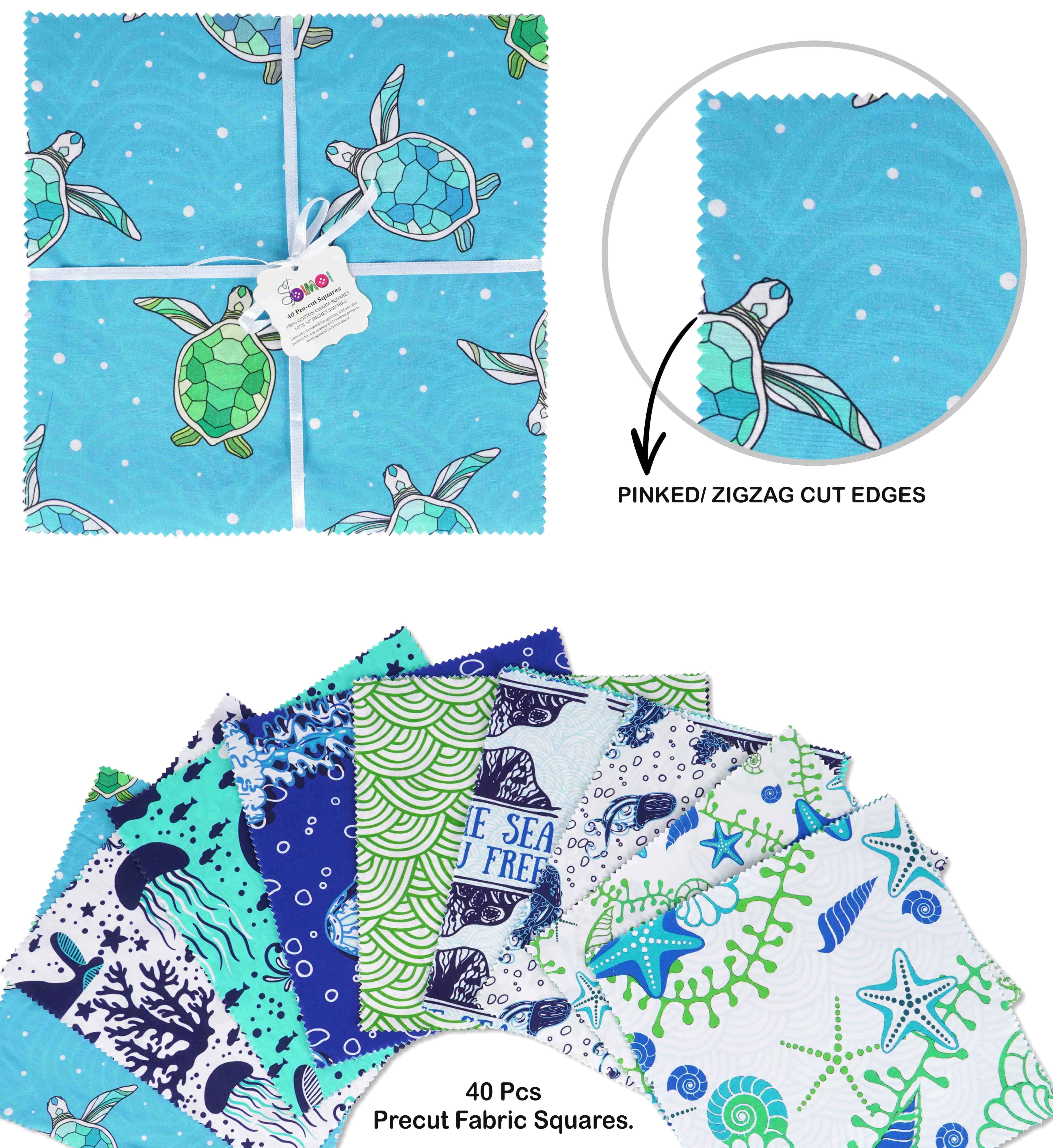 Soimoi Precut 10-inch Beach Ocean Prints Cotton Fabric Bundle Quilting Squares Charm Pack DIY Patchwork Sewing Craft- Blue