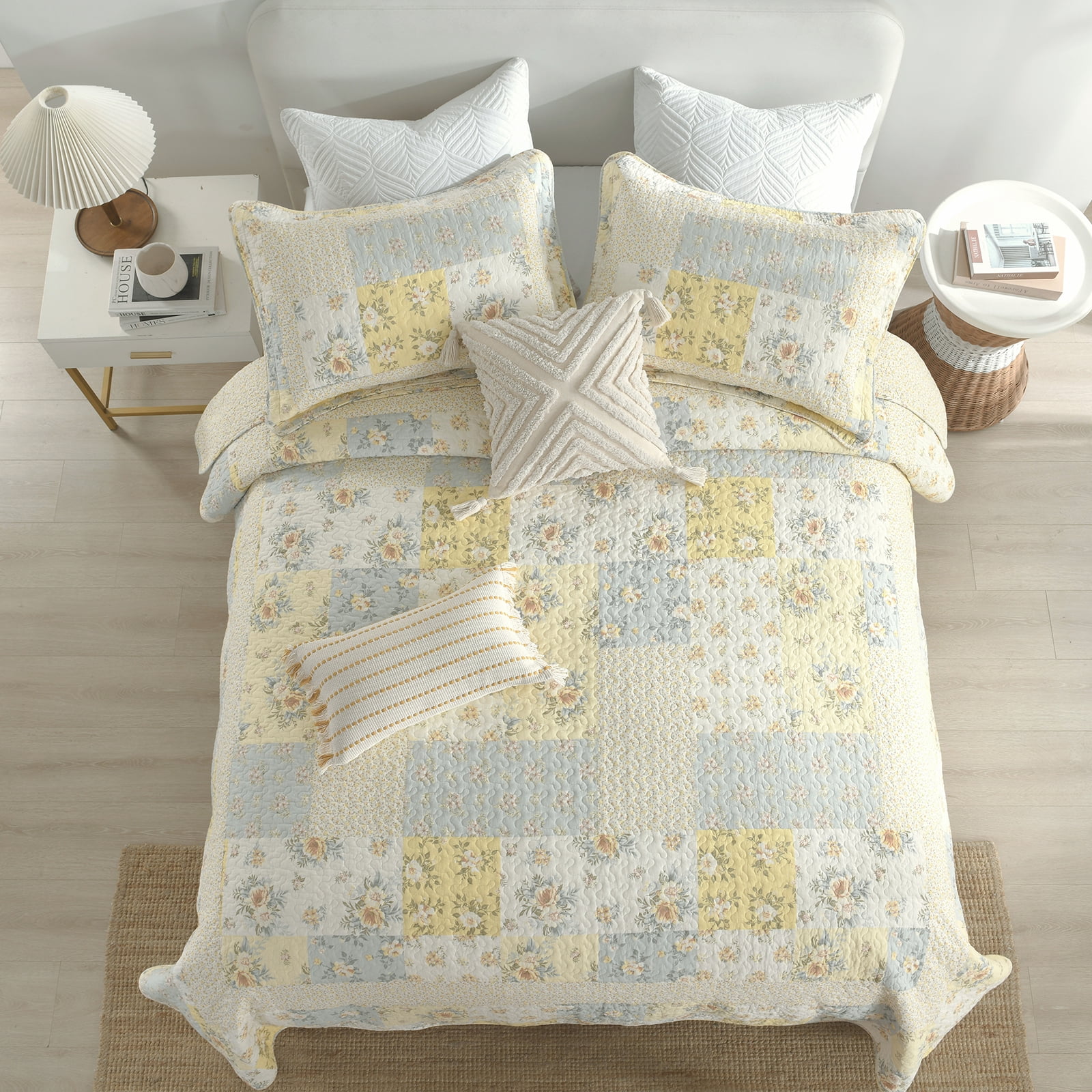 PANGUSHAN 100% Cotton 120"x120" Oversized California King Bedspread Coverlet Quilt Set, Cal King Quilted Bedspread Extra Large Wide Quilt, Floral XL Bed Spread Lightweight Comforter, Yellow/Cream
